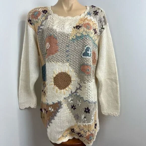 90s Brand New Next Issue Womens Medium Ramie Blend Granny Square Sweater Cottage - Picture 14 of 15